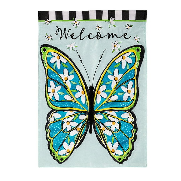Evergreen Linen Garden Flag - Floral Butterfly Welcome, 12.5 x 18 inch Double Sided