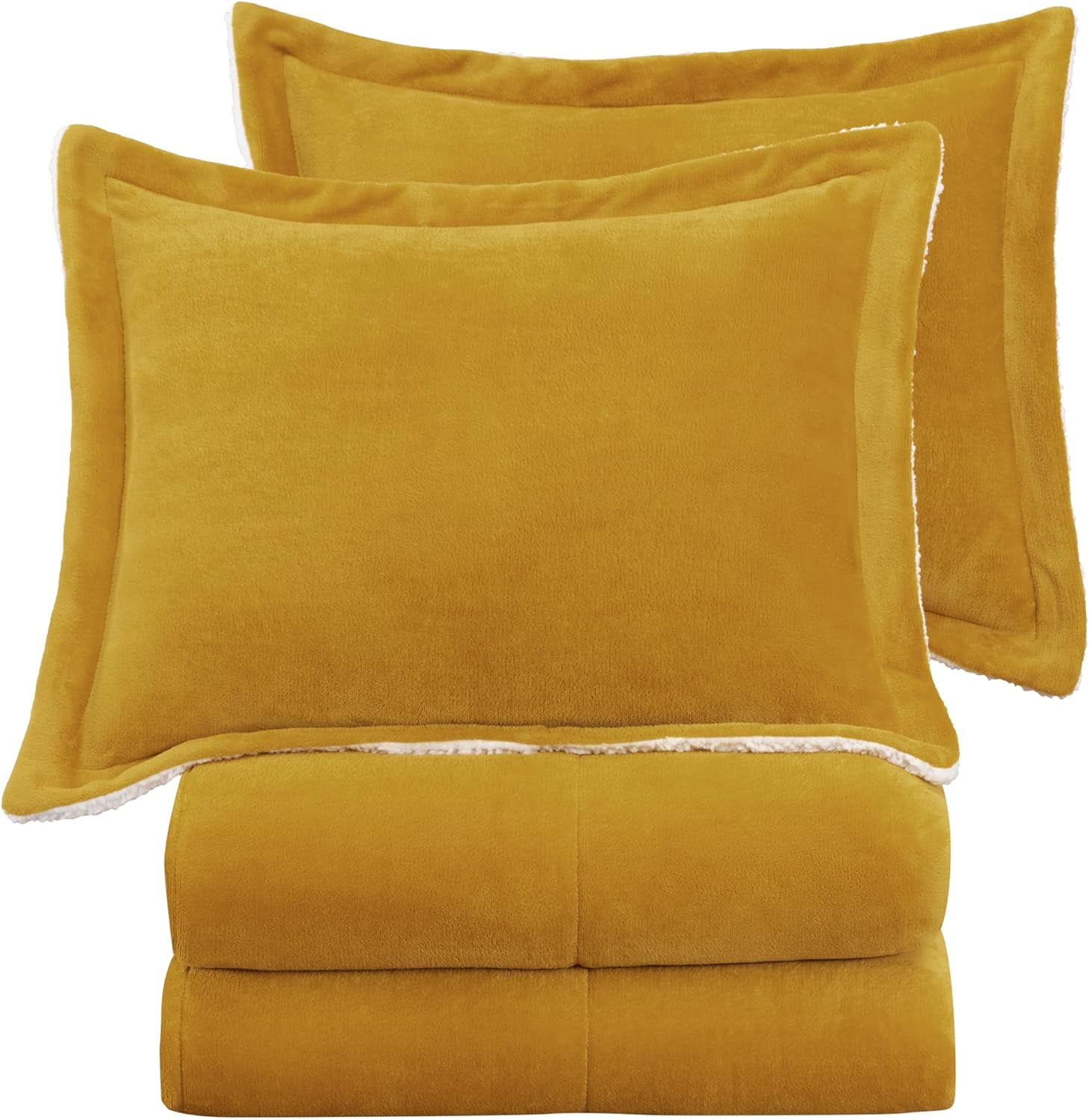 Chezmoi Collection Ultra-Soft Micromink Sherpa Queen Size Comforter Set with 2 Pillow Shams, Reversible Plush Bedding Comforter 3-Piece, Mustard Yellow