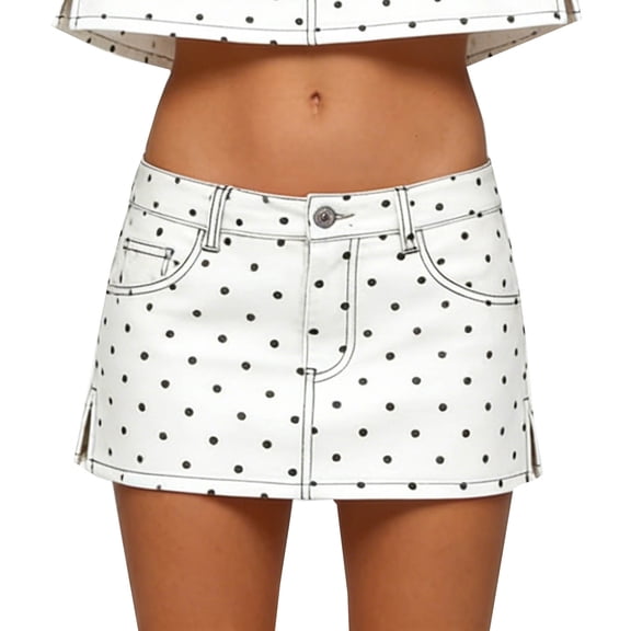 UAMVSH Womens Denim Skirt Stretchy Low Waist Polka Dots Print Short Skirts Side Split Casual Mini Jean Skirt with Pockets
