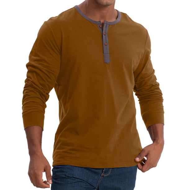 Blusas y camisas de manga larga con cuello redondo para hombre, color liso, informales, a la moda, con botones, cuello redondo, manga larga, blusa de poliéster para hombre