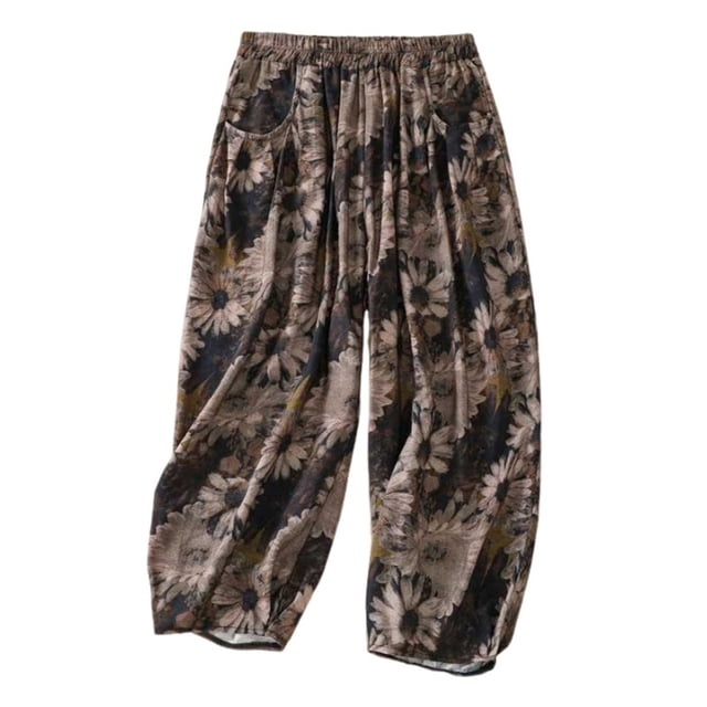 Pantalons pour Femmes, Pantalons Décontractés en Coton et Lin avec Poches Imprimées, Amples et Polyvalents