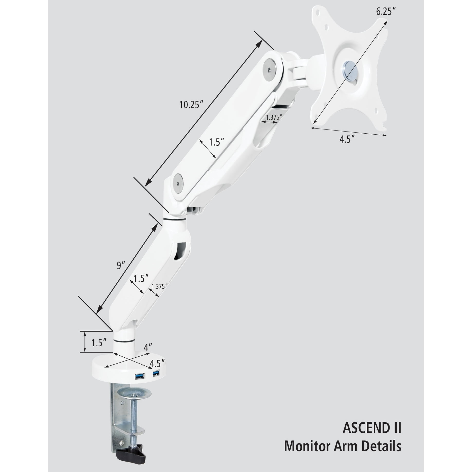 Single Monitor Arm with Dual USB 3.0 Port in Silver Aluminum Finish