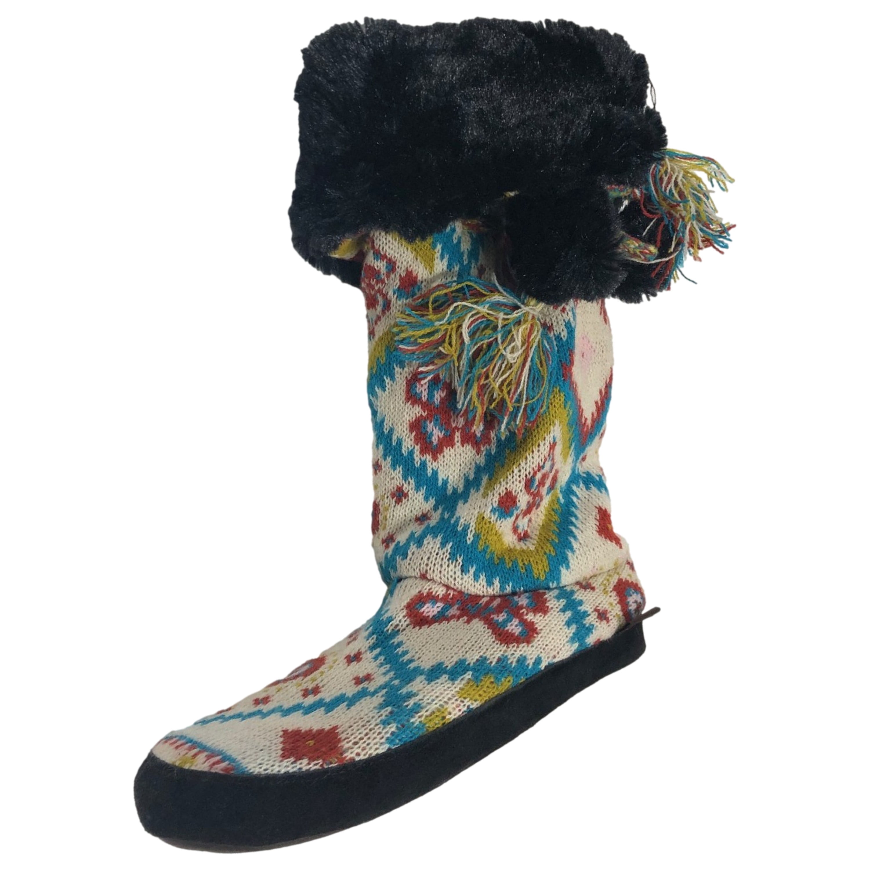 Muk Luks Womens Beige & Blue Geometric Print Plush Bootie Slippers Small 5-6