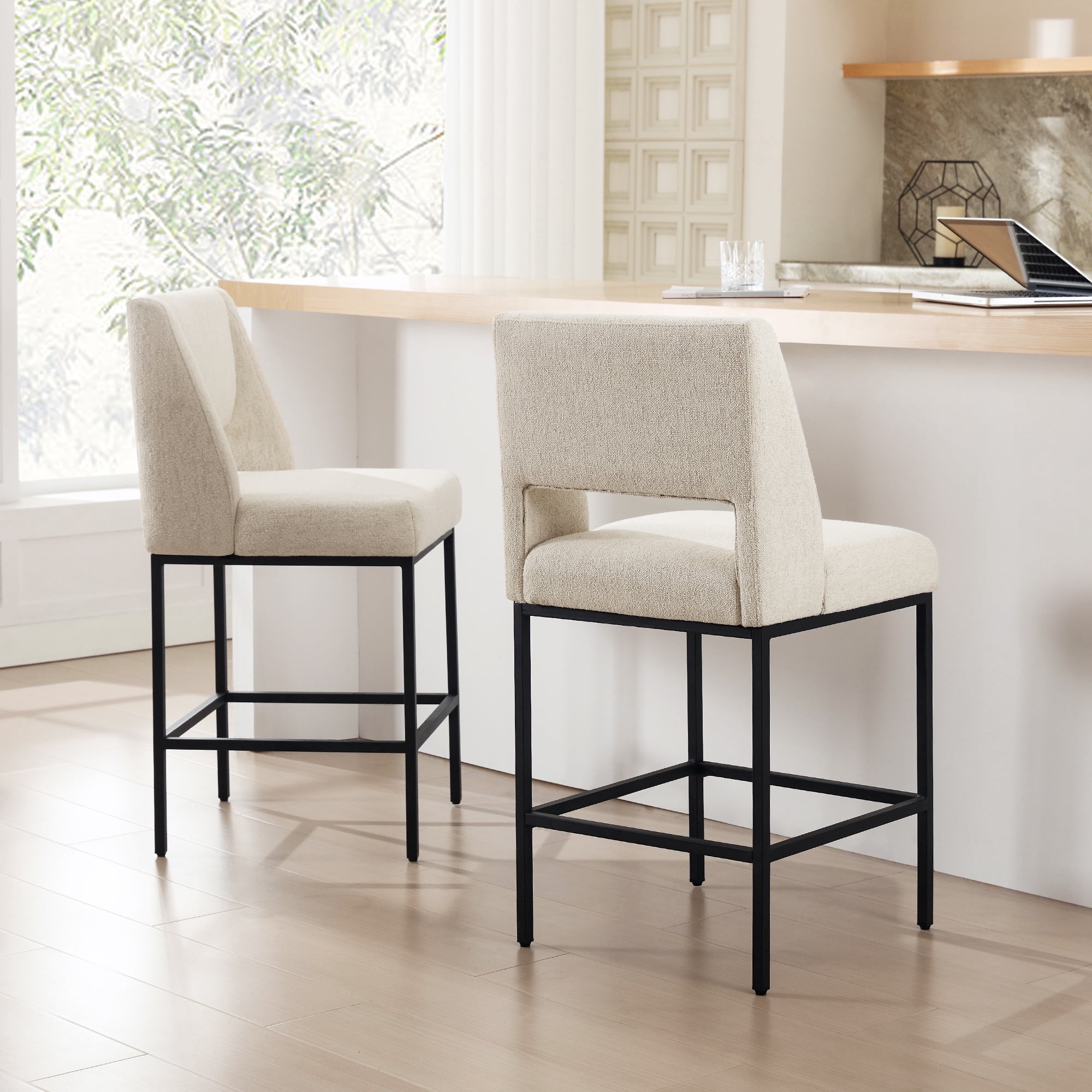 Zesthouse 26.4" Modern Counter Stools Set of 2, Linen Fabric Bar Stools with Back and Metal Legs, Extra Thick Upholstered Counter Height Chairs for Kitchen Island, Beige
