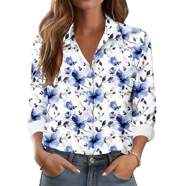 TaTaai Ladies Casual Button Down Shirt Long Sleeve Notch Lapel Floral Print Tops Breathable Cotton Relaxed Fit Blouse for Office Gift