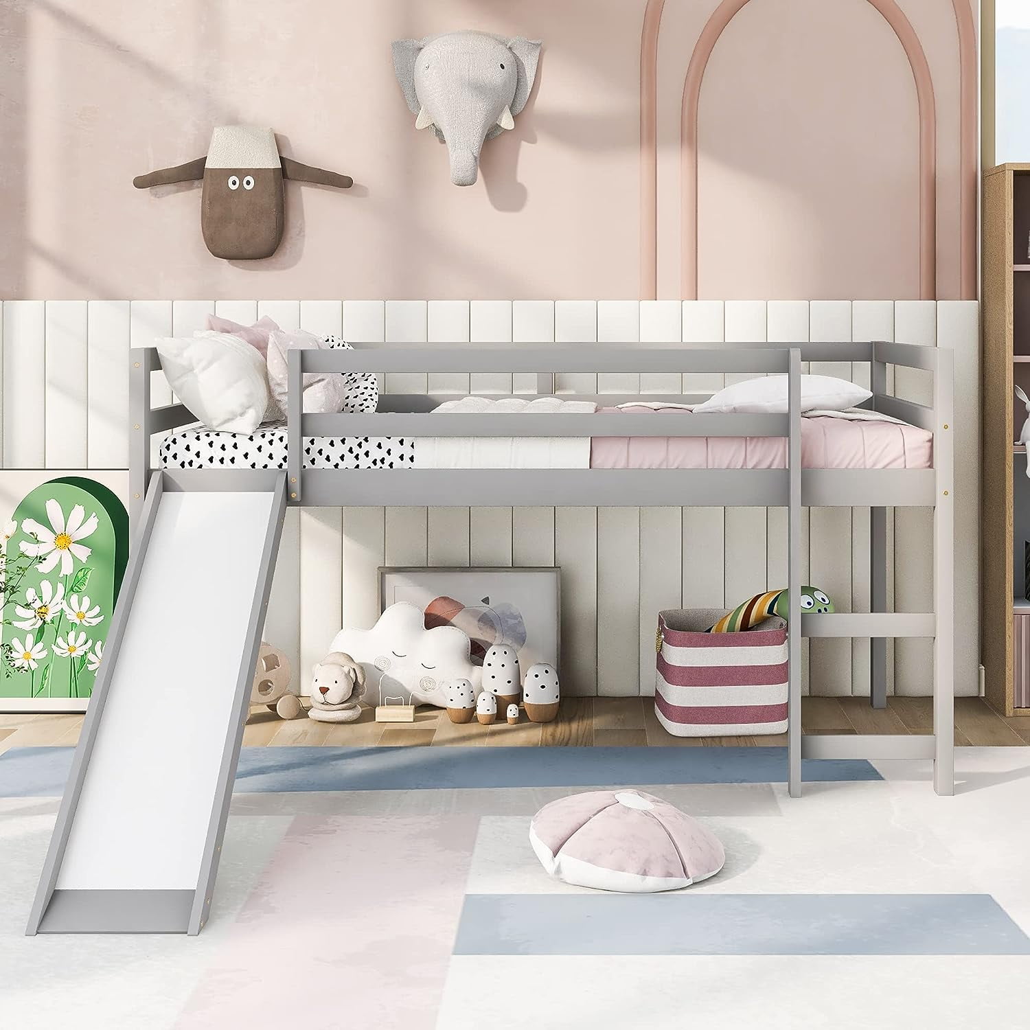 DEALTOPS Twin Size Junior Wood Loft Bed with Slide Loft Bunk Bed Frame for Girls Boys,No Box Spring Needed - Gray