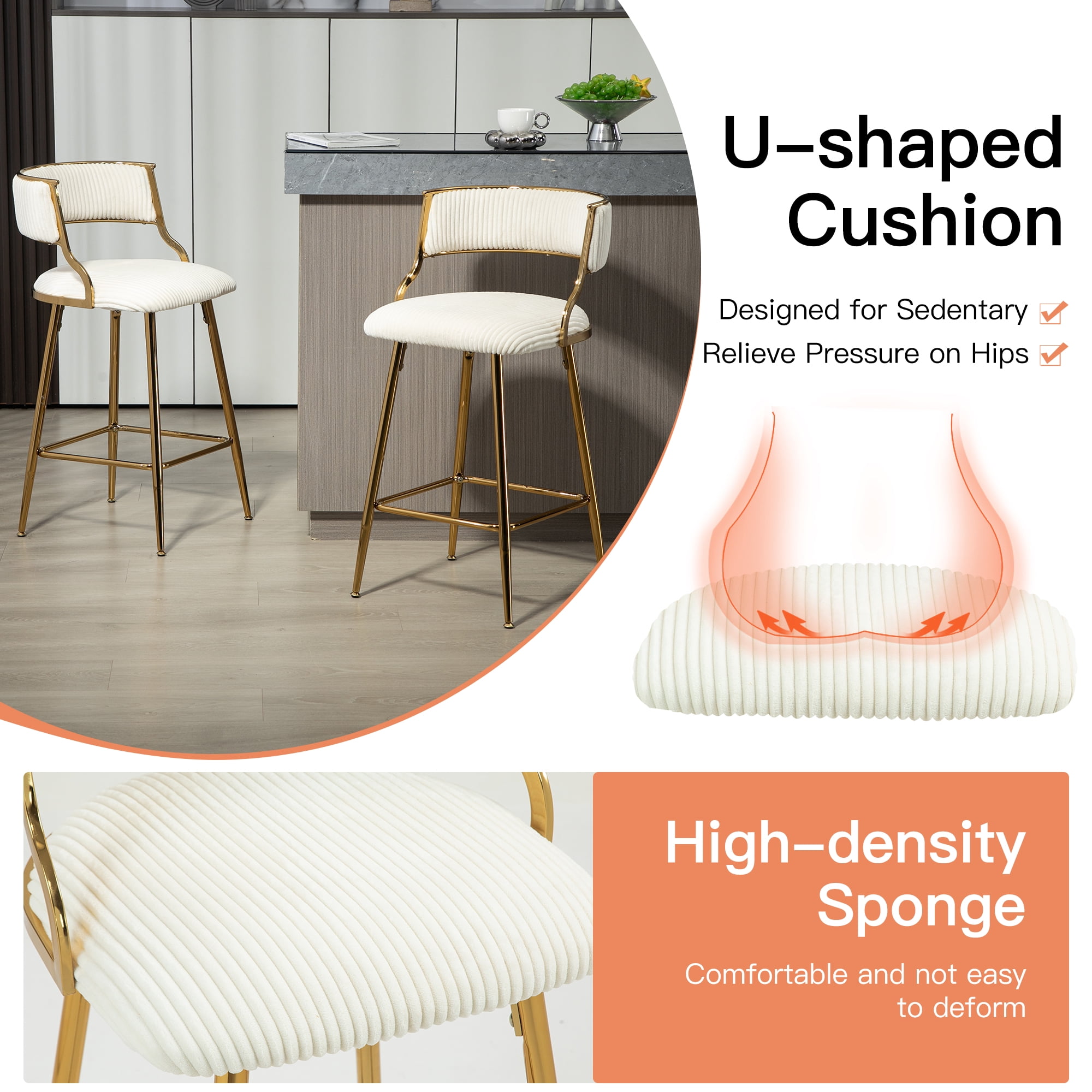 Peispie 25" Counter Height Bar Stools Set of 2, Modern Corduroy Barstools with Low Back and Gold Metal Legs, Padded Kitchen Island Chairs with Footrest for Home Bar, Beige