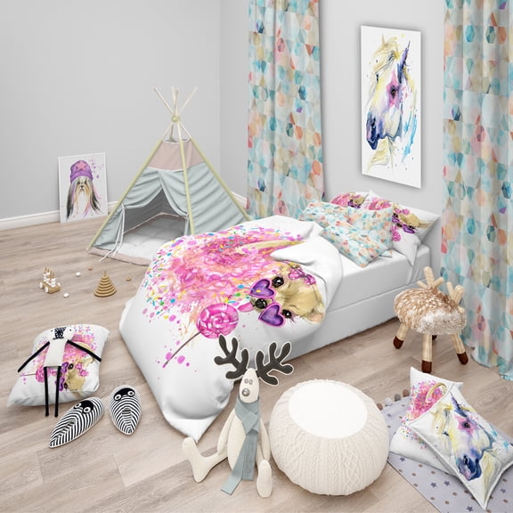 Designart 'Sweet Pink Dog with Glasses' Modern & Contemporary Duvet Cover Set