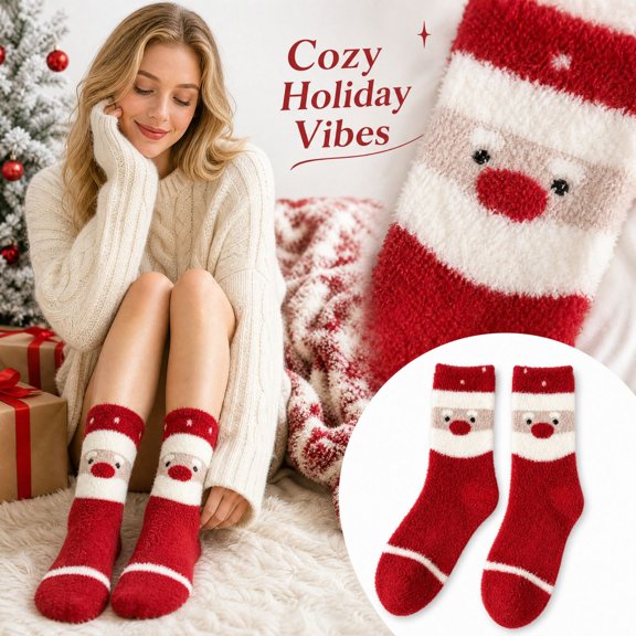 Women's Christmas Fuzzy Socks with Santa Face and Stars, Cozy Feather Yarn Crew Socks, Red Holiday Sleep Socks for Christmas Stocking Stuffers, Gag Gifts and Fun Holiday Gifts