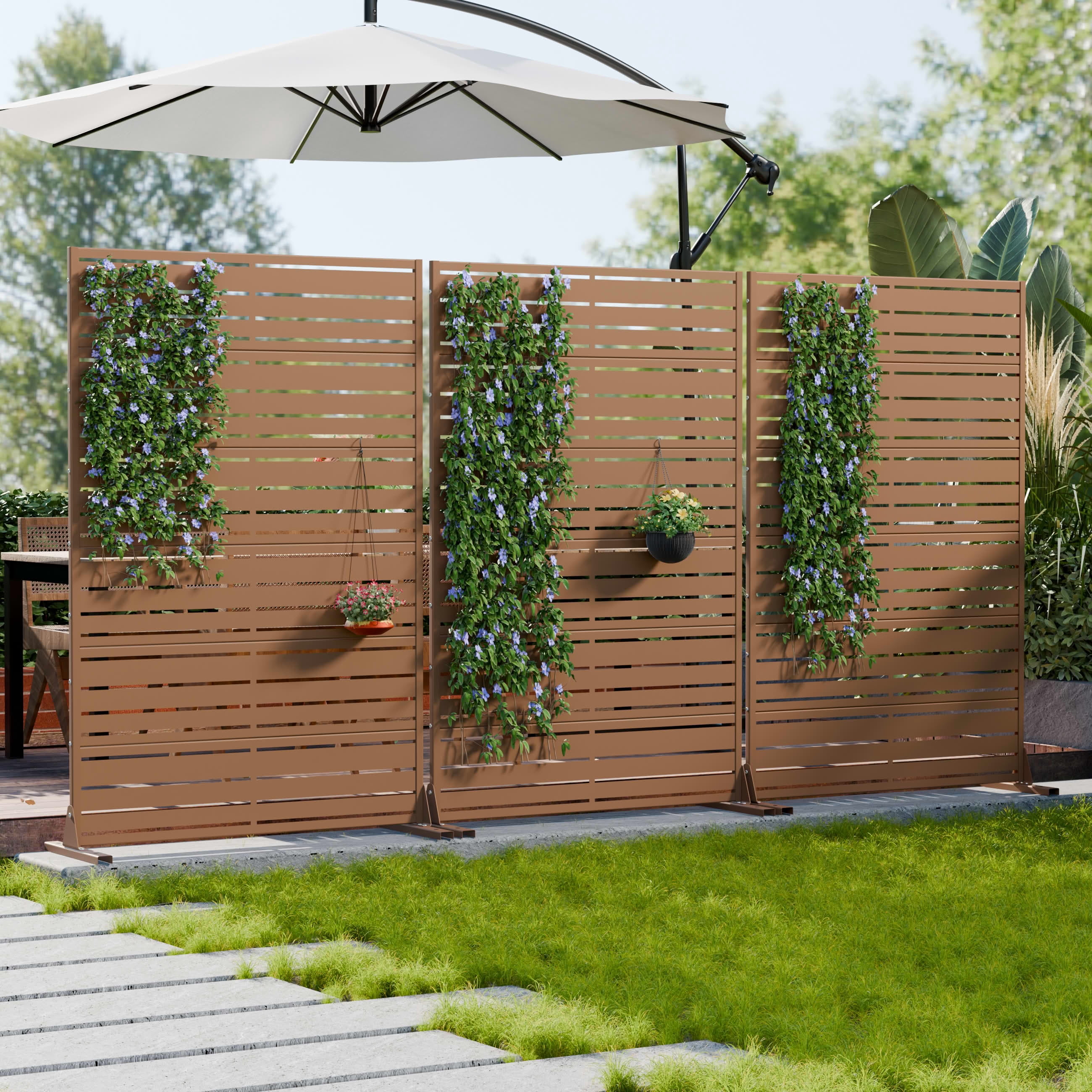 MAYEERTY 72"x47" Outdoor Privacy Screen, Brown 6-Panel Galvanized Steel Louver Panel, Wide-Narrow Pattern, for Balcony Deck Garden