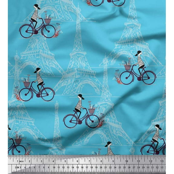 Soimoi Cotton Duck Fabric Girl,Bicycle & Eiffel Tower Architectural Print Fabric by The Yard 42 Inch Wide