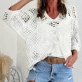 thumbnail image 2 of RYRJJ Women's Summer Tops 3/4 Length Sleeve Hollow Out Crochet Knit Boho Beach Cover Ups Casual V-Neck Sweater(White,M), 2 of 6
