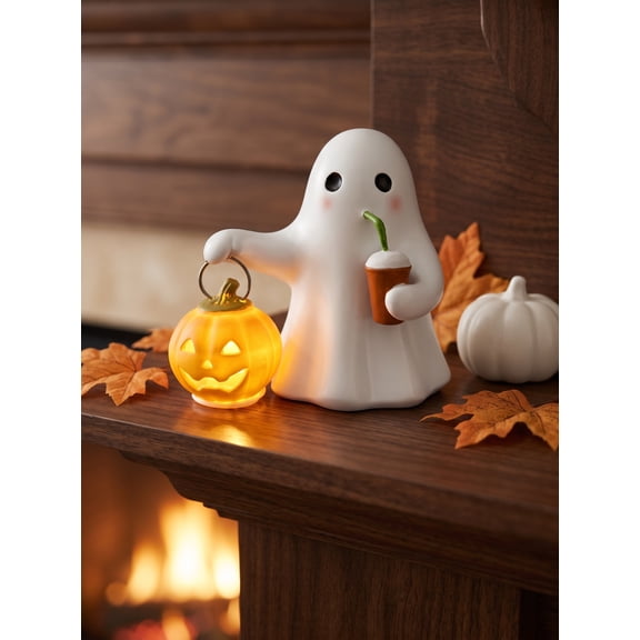 Brainybites Halloween Ghost Night Light Cute Figurine 4 5 Inch Drinking Coffee Pumpkin Desk Decor