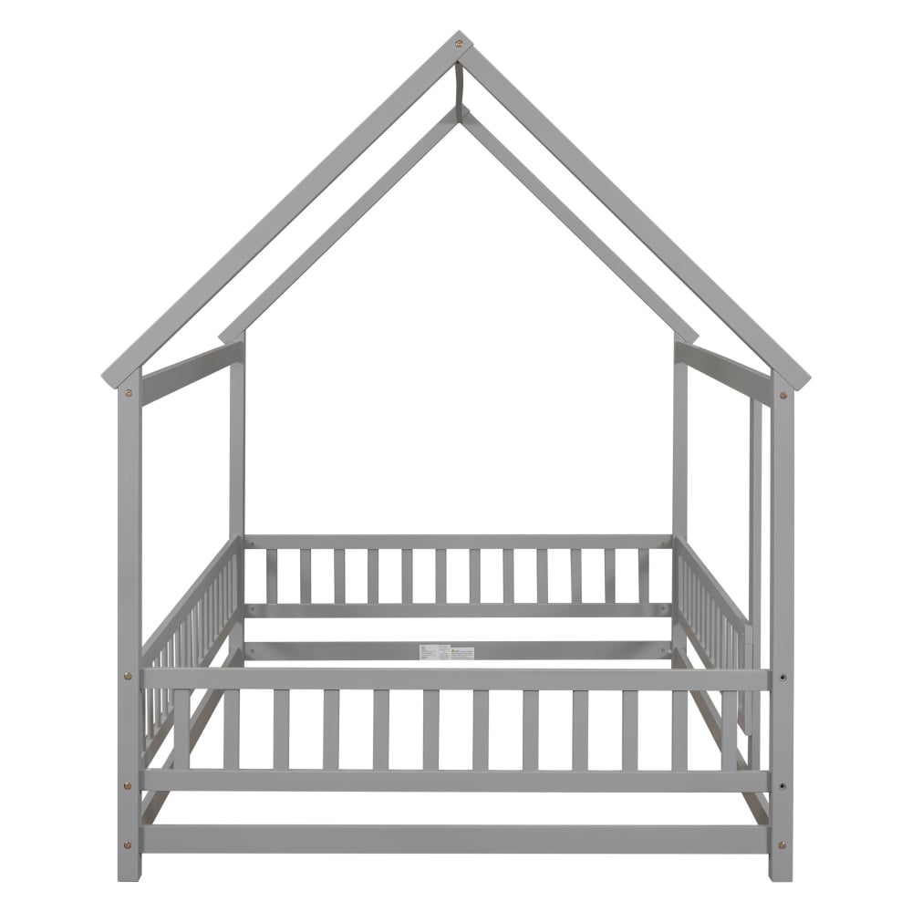 JINS and VICO Kids Girls Boys Full Montessori Pine / Plywood Floor Bed with Roof Design, Gray