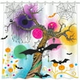 thumbnail image 1 of Colorful Halloween Shower Curtain with Striped Tree, Bats & Pumpkins - Whimsical Decor for Festive Bathrooms, 1 of 5
