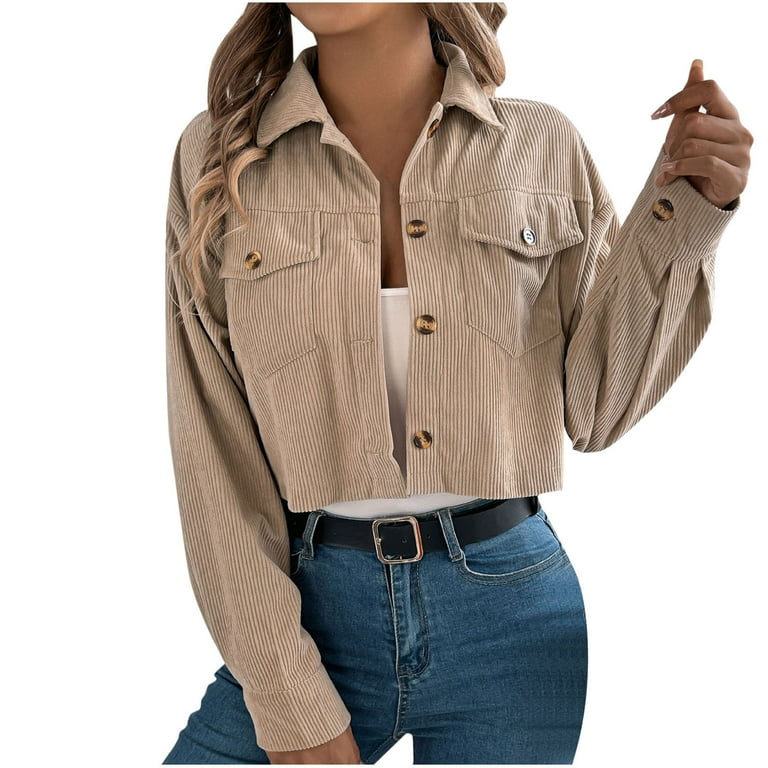 jobturf Jackets for Women Corduroy Cropped Long Sleeve Jacket
