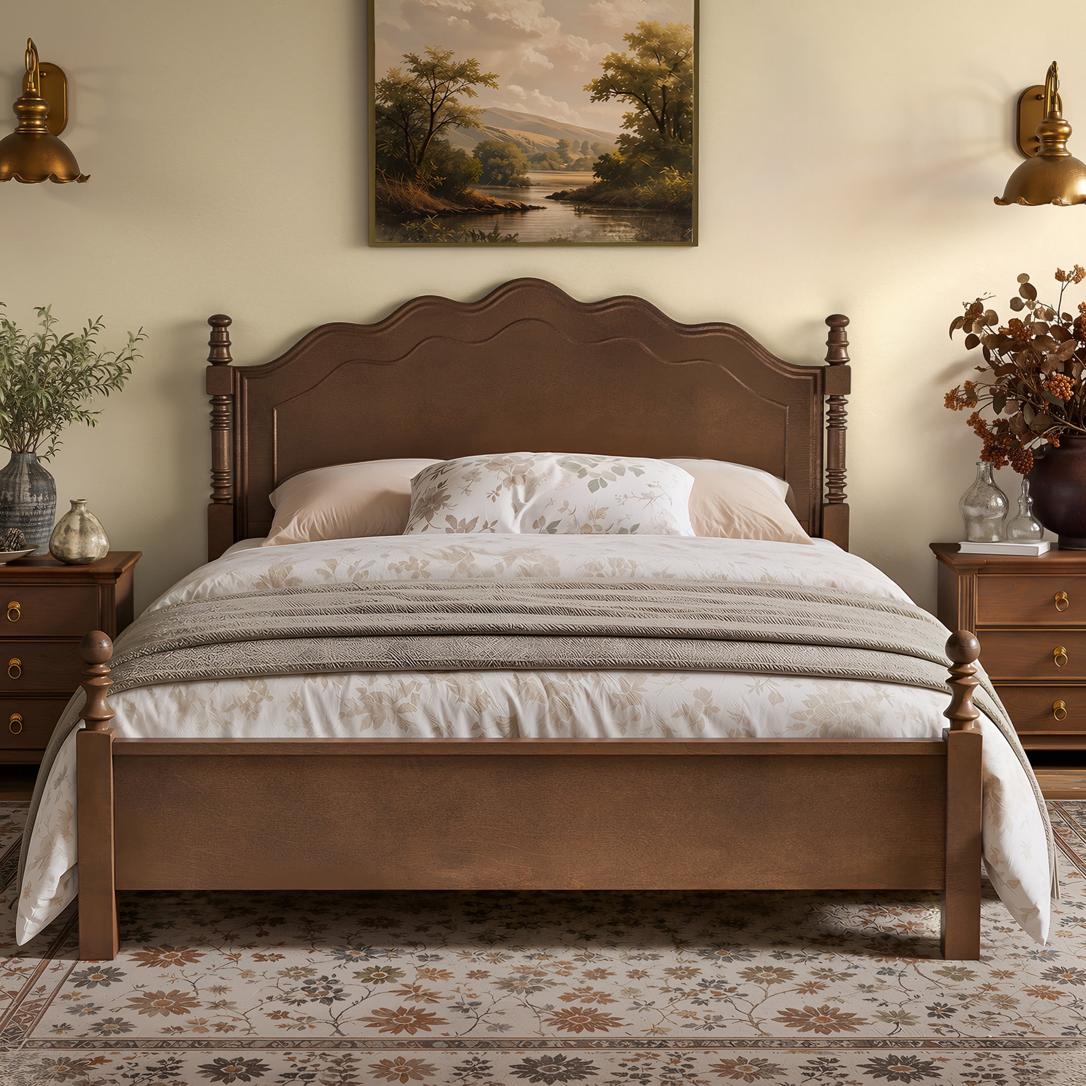 Noble House Queen Size Wood Platform Bed with Curved Headboard, Spindle Posts, Espresso