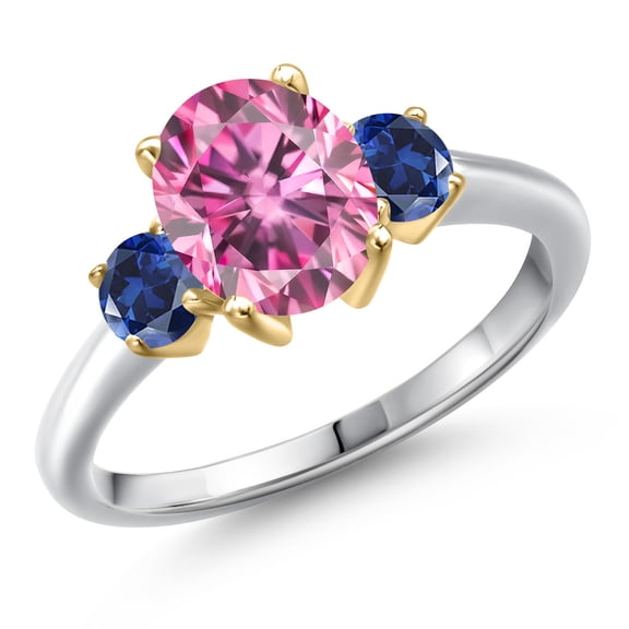 Gem Stone King 10K Two Tone Gold Pink Moissanite and Blue Created Sapphire Engagement Ring for Women | 2.50 Cttw | Oval 9X7MM | Gemstone Birthstone | Size 9