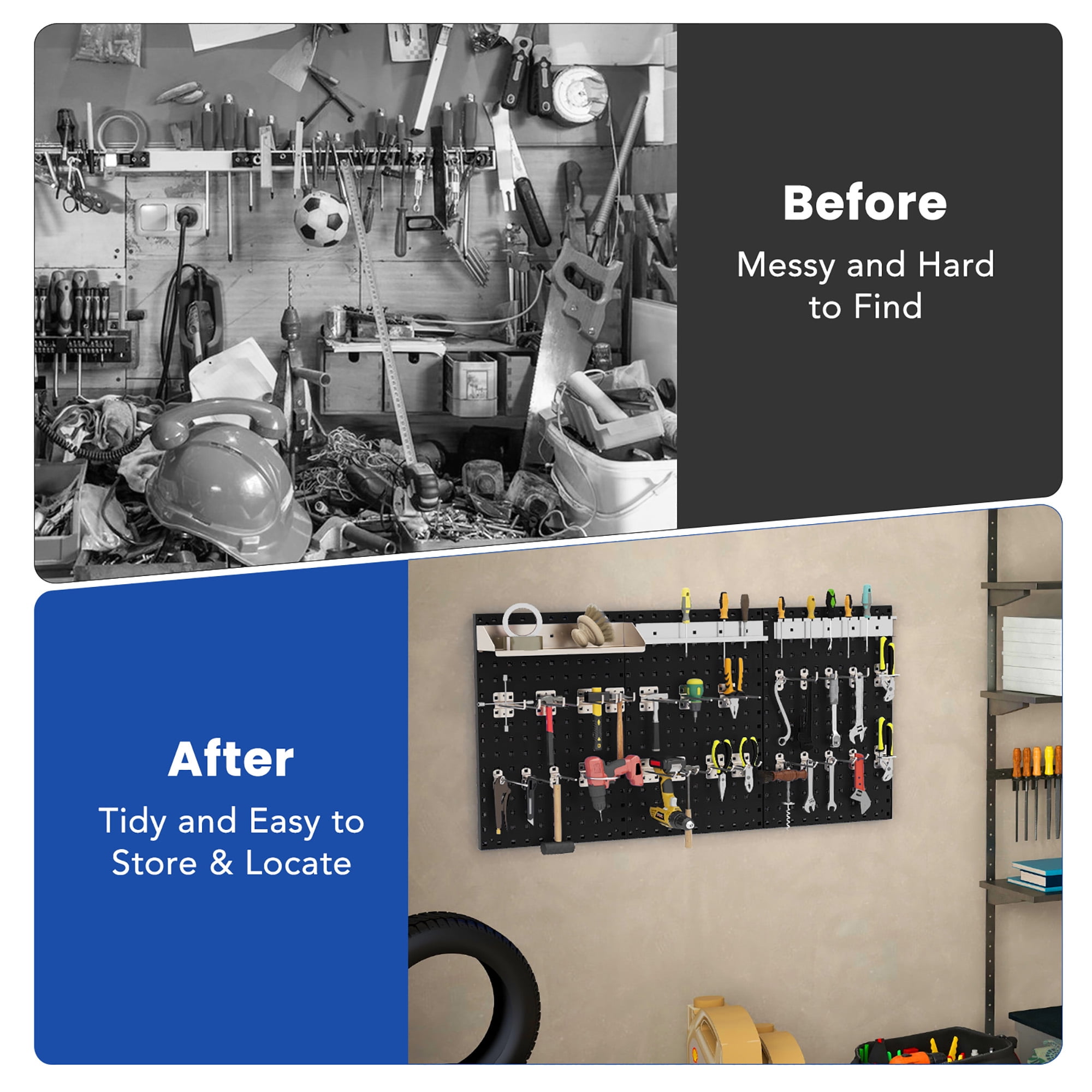 Gymax 3 Pcs Pegboard Wall Organizer w/ 25 Hooks Drill Bit Holder Screwdriver Holder Black