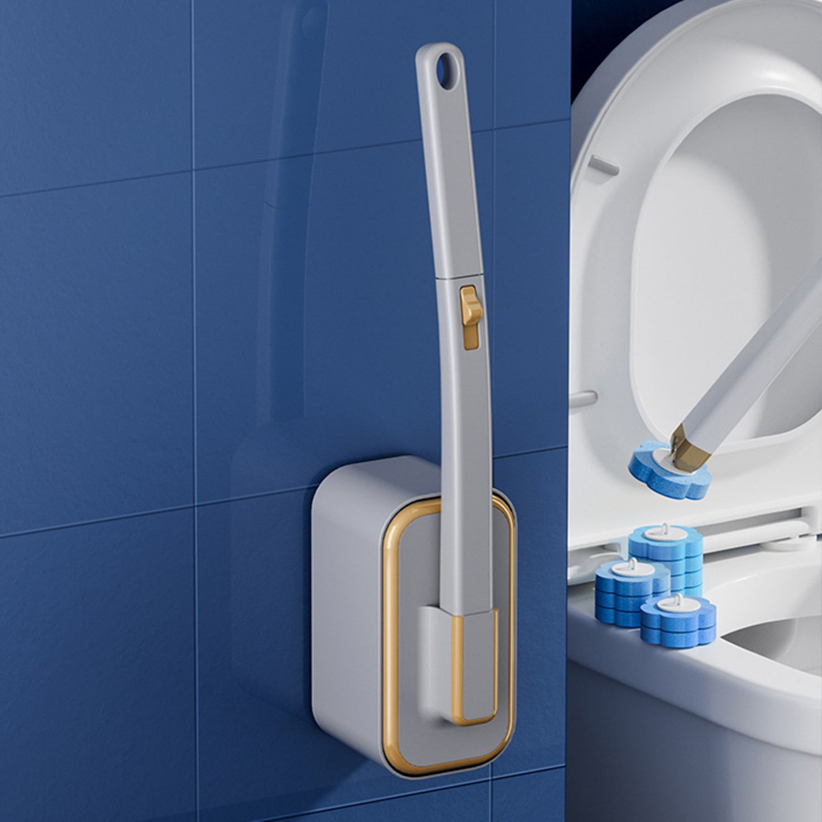 Opvise Disposable Toilet Brush with Water-Soluble Head - Ergonomic Handle, Wall-Mounted Base, Multi-Surface Cleaning Tool for Bathroom, Sink, and Floors
