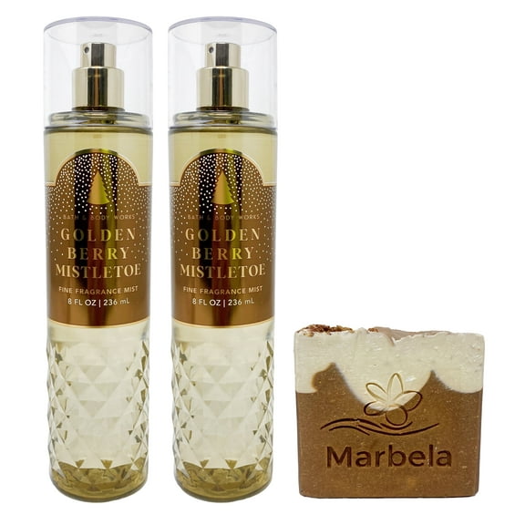 Bath & Body Works Golden Berry Mistletoe - 2 Pack Of Fine Fragrance Mist With a Yamma Jamma Bar Soap.