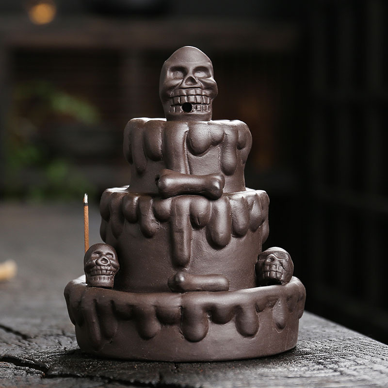 Cake Skull Backflow Incense Burner Skull Cake Incense Stick Holder Flow Censer Skull Cake Incense Stick Organizer Flowing Waterfall Incense Burner for Home Office Decors