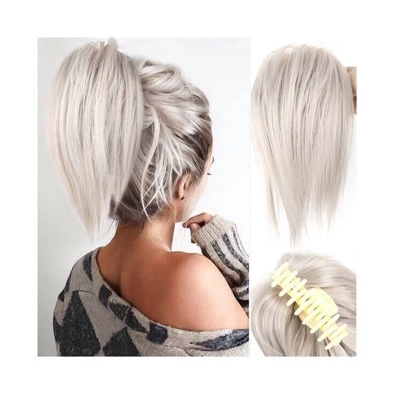 Claw Clip Hair Bun Synthetic Hairpiece Sliver Gray Instant Updo Straight Ponytail Extension for Women