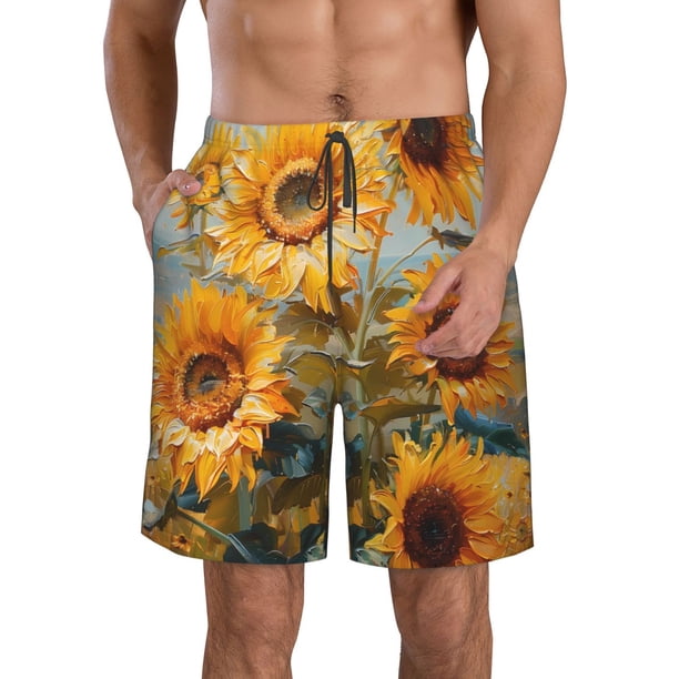 Balery Sunflower Field Art Traje de Baño Estilo Hawaiano para Hombre, Shorts de Secado Rápido con Bolsillos-Small