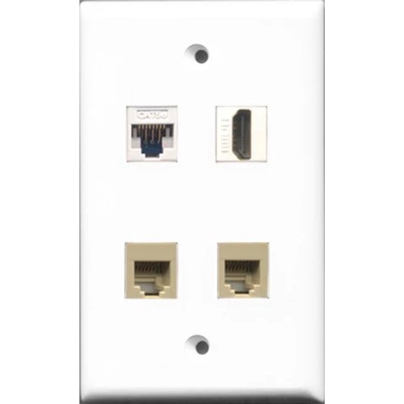 RiteAV - 1 Port HDMI 2 Port Phone RJ11 RJ12 Beige and 1 Port Cat5e Ethernet White Wall Plate