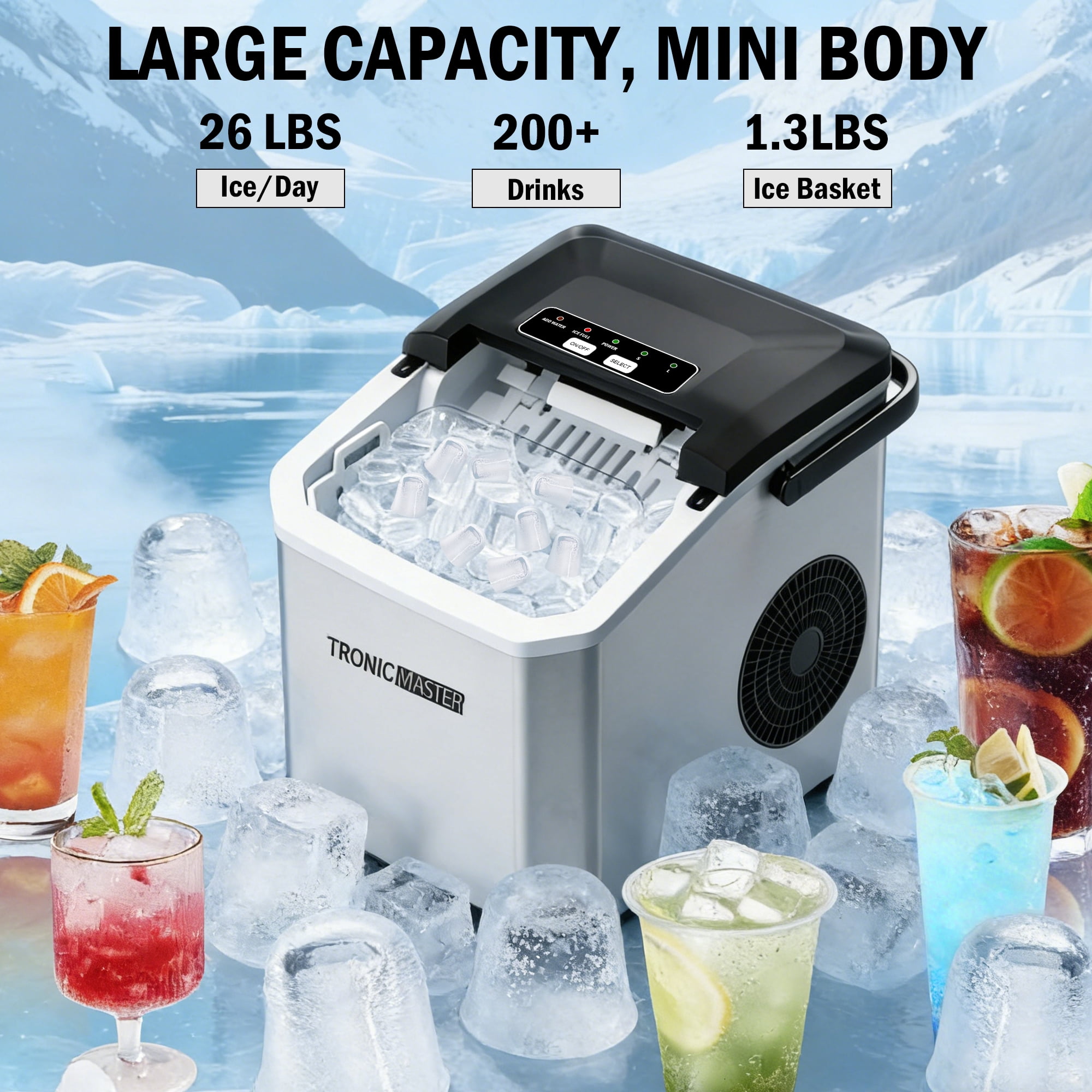 Countertop Ice Maker Machine, 26lbs/24H Portable Ice Maker with Self-Cleaning, 9 Bullet Ice Cubes Ready in 6 Mins, Quiet Ice Machine with Handle, Basket and Scoop for Home, Kitchen, RV