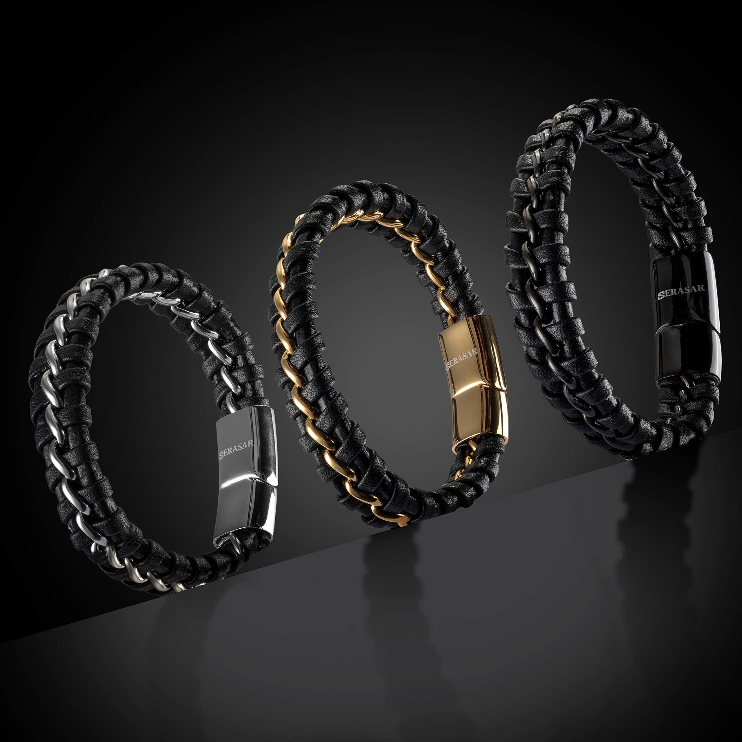 SERASAR Leather Bracelet for Men "Joy" with stainless steel magnetic closure, Silver 20cm, including gift box