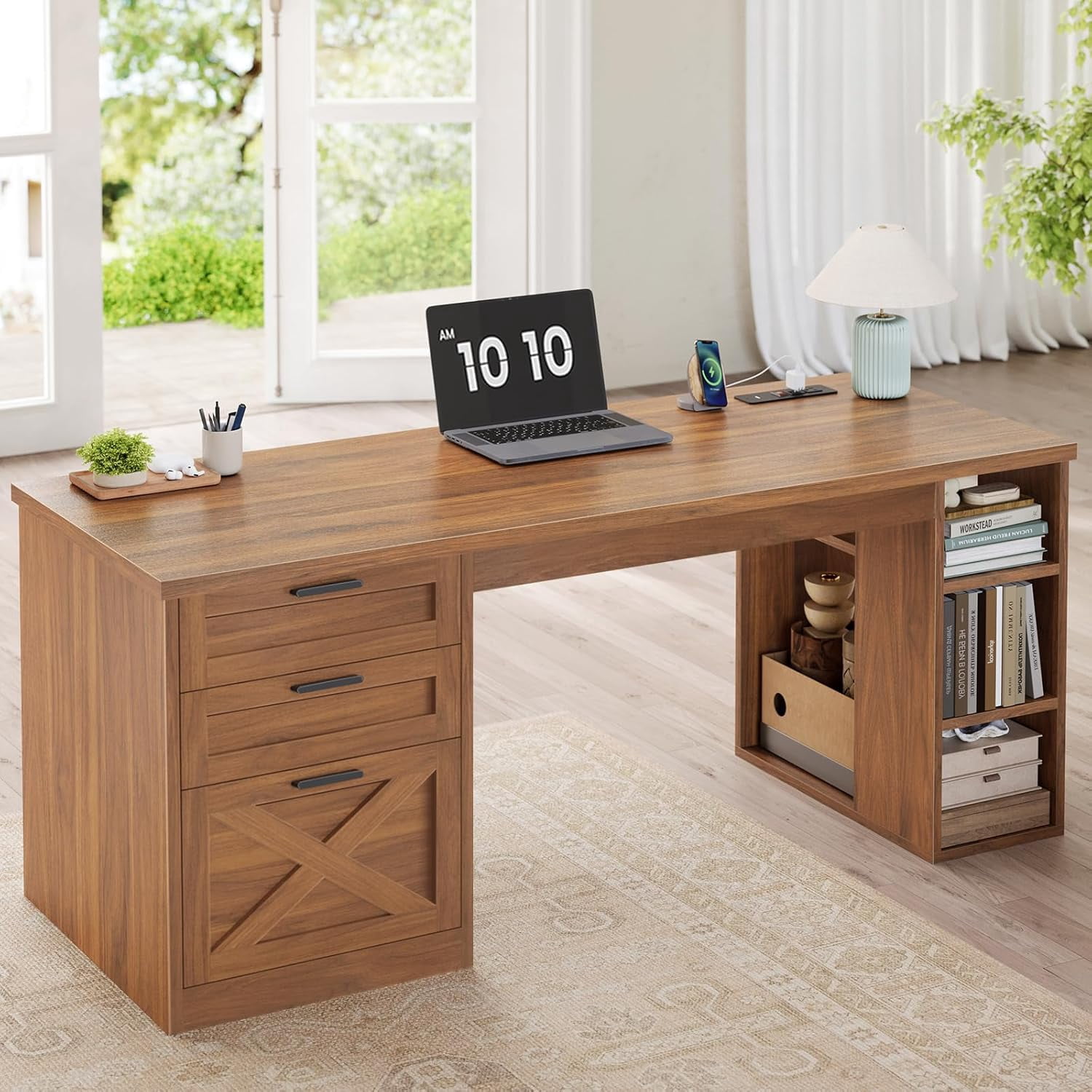55.1" Farmhouse Desk with 3 Drawers & Open Shelves, Home Office Desk with Power Outlets & File Drawer, Wood Desk with Ample Storage, Computer Desk for Bedroom, Brown