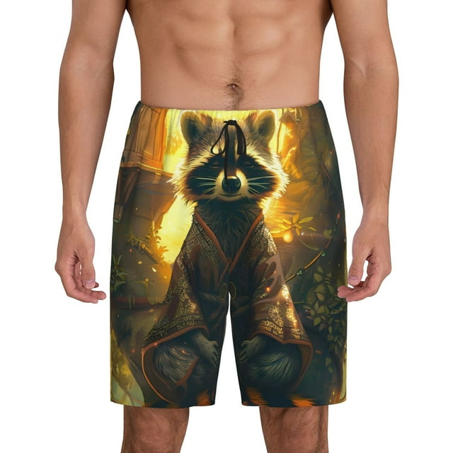 Vsdgher Short de Pyjama pour Hommes Imprimé Raton Laveur Méditant Bas de Pyjama Short de Détente Taille Élastique Léger avec Poches-Petit
