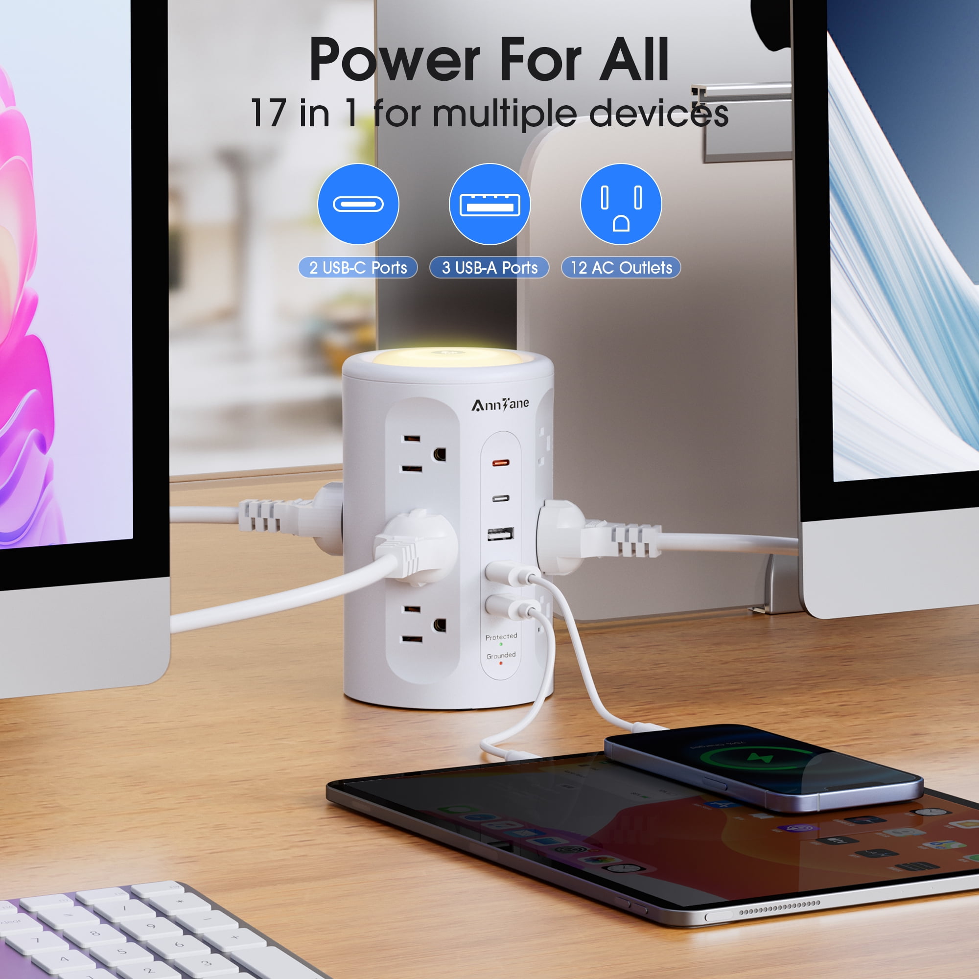 12 Outlets Power Strip Tower with Night Light, Surge Protector with 5 USB(4U+2C) Ports 10 FT Extension Cord, White