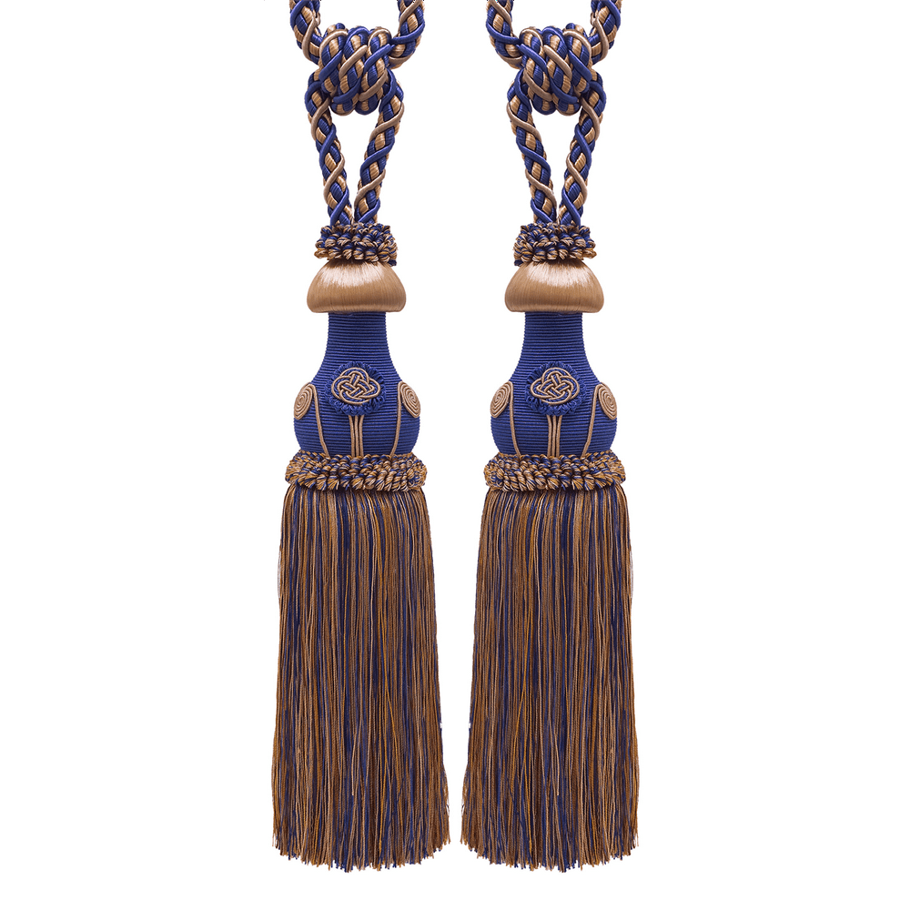 Pair of Decorative Ultramarine Blue, Tan Curtain & Drapery Tassel