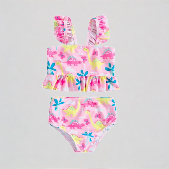 REDARER Toddler Girl's 2-Piece Bikini Set: Dinosaur Print Ruffled Details – Playful Summer Beach Bathing Swimwear,5-6 Years