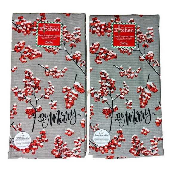 Set of 2 WINTER BERRY Be Merry Christmas Terry Kitchen Towels by Kay Dee Designs