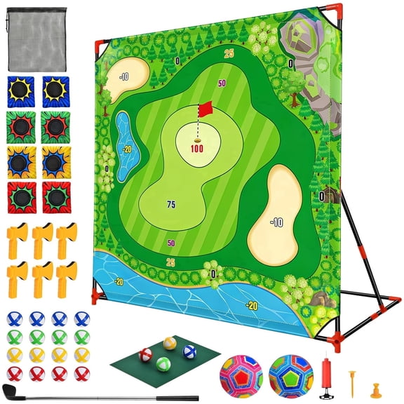 Mpow Golf Chipping Game-Golf Battle Game for Kids & Family, 54"x54" Golf Target Mat with 16 Sticky Balls, 8 Bean Bags, 6 Axes, 2 Soccer Balls, Fun for Outdoor Lawn, Backyard & Poolside Party