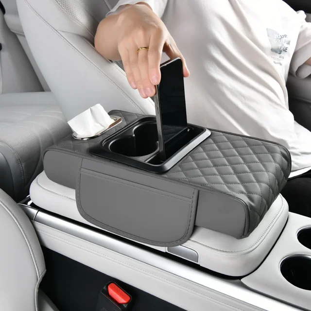 Car Center Console Cover, PU Leather Armrest Cushion Organizer with Double Cup Holder and Storage Box