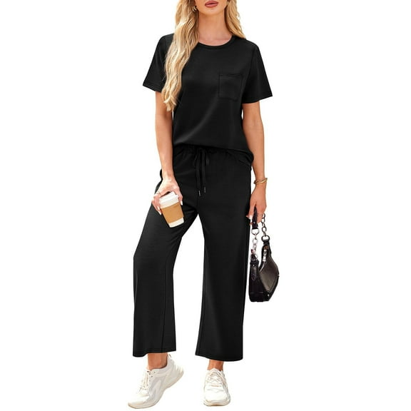 2 Piece Sets for Women Casual Summer Travel Vacation Outfits Short Sleeve Wide Leg Crop Pants Lounge Sets Black M