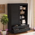 thumbnail image 2 of Tall Bedroom Armoire with Barn Door Design, 4 Drawers & 4 Open Shelves, Space-Saving Clothing Storage Cabinet with Hanging Rod for Dresses & Coats, Durable MDF Construction, 2 of 9