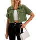 thumbnail image 1 of Chaqueta de mezclilla recortada de manga corta con botones y deshilachada para mujer INSPIRE CHIC en verde militar M, 1 of 6