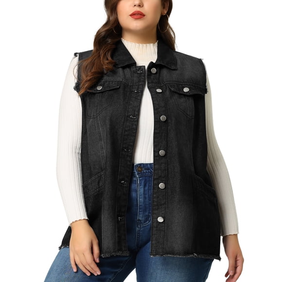 Agnes Orinda Women's Plus Size Jean Vest Raw-Hem Sleeveless Fashion Denim Jacket 3X Black