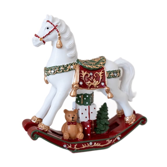 Resin Rocking Horse Figurine with Red Base, Vintage Christmas Decor for Home Table, Holiday Gift