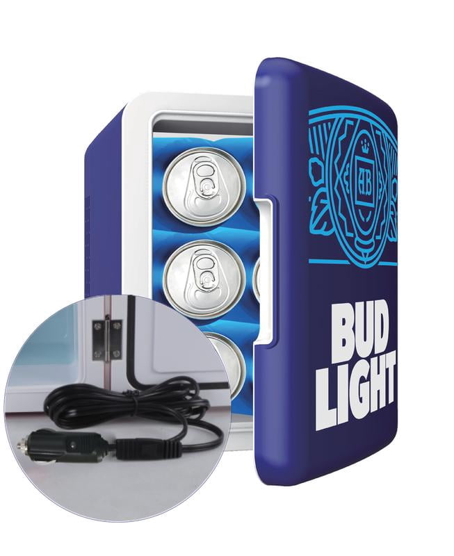 Bud Light 6 Can Mini Beverage Refrigerator, 4 Liter Personal Fridge with AC/DC Adapters, Blue MIS137BULT