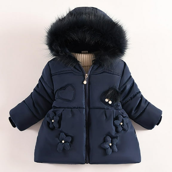 ATOGUTA Girls Jackets Long Sleeve Hooded Parka Lightweight Warm Puffer Outwear with Pocket Size 2T-6, Dark Blue