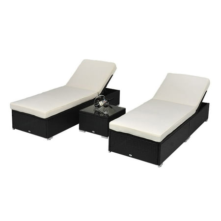 Outsunny 3 Piece Rattan Wicker Outdoor Patio Chaise Lounge Chair Set w/ Side Table