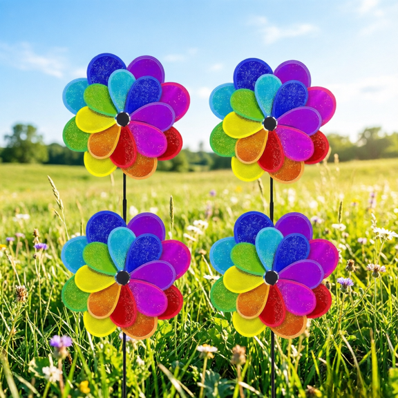 Topukaiba 4Pcs Flower Wind Spinner, Lawn Rainbow Sparkly Pinwheel 19.7 Inch Colorful Garden Windmill, Waterproof Plastic Windmill Wheel For Party, Outdoor, Yard Decoration Multicolor