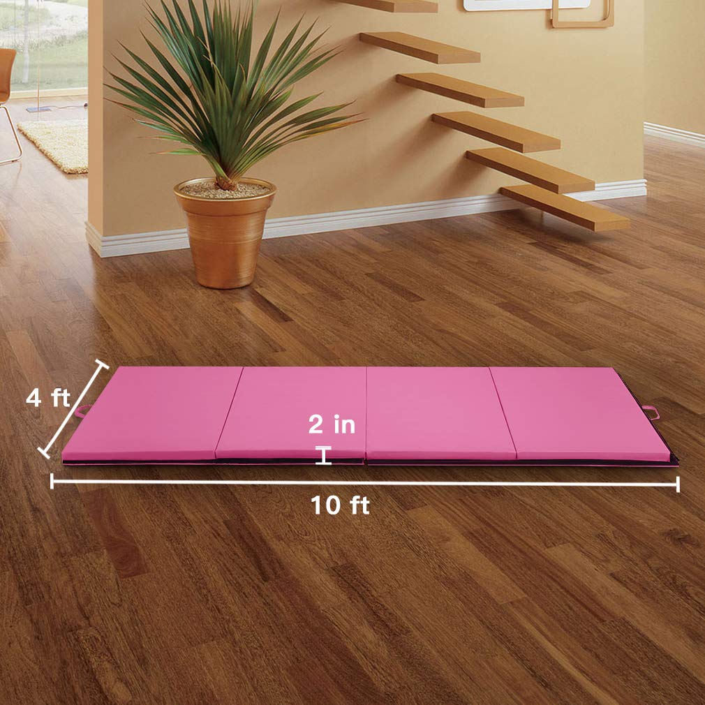 PayLessHere Foldable Gymnastics Mat 4'x10' PU Leather Tumbling Yoga Mat for Home Outdoor，Pink