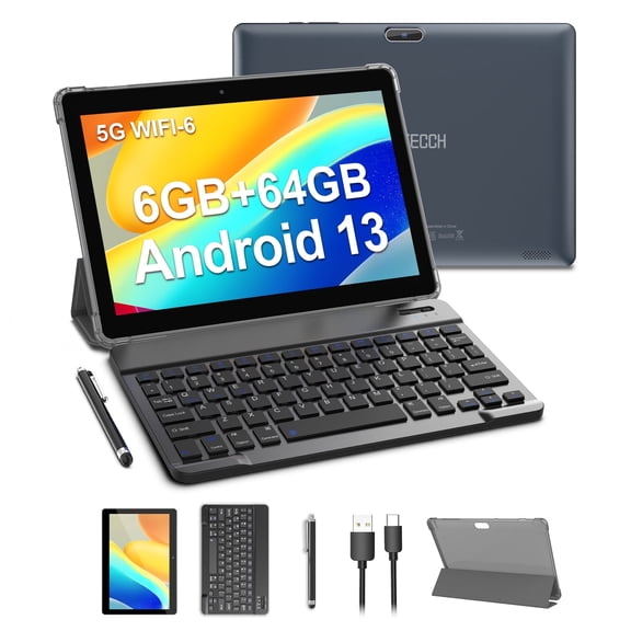 Android 13 Tablet 4GB RAM 64GB ROM, 10.1 inch Wifi 6 Tablet with Keyboard, 4 Core, 1TB Expand, 2MP 8MP Dual Camera